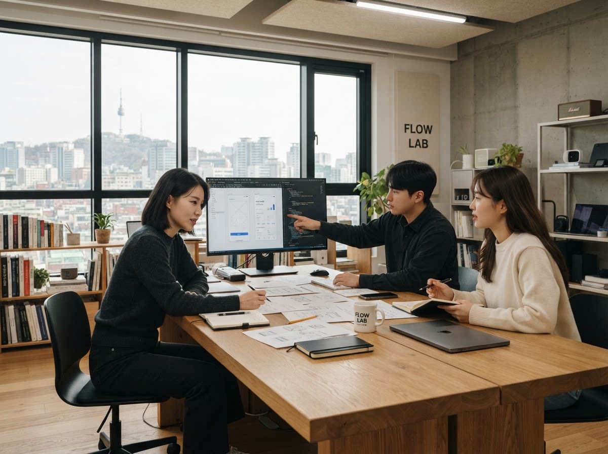 FLOW LAB 팀이 데이터 분석 화면을 검토하는 모습
